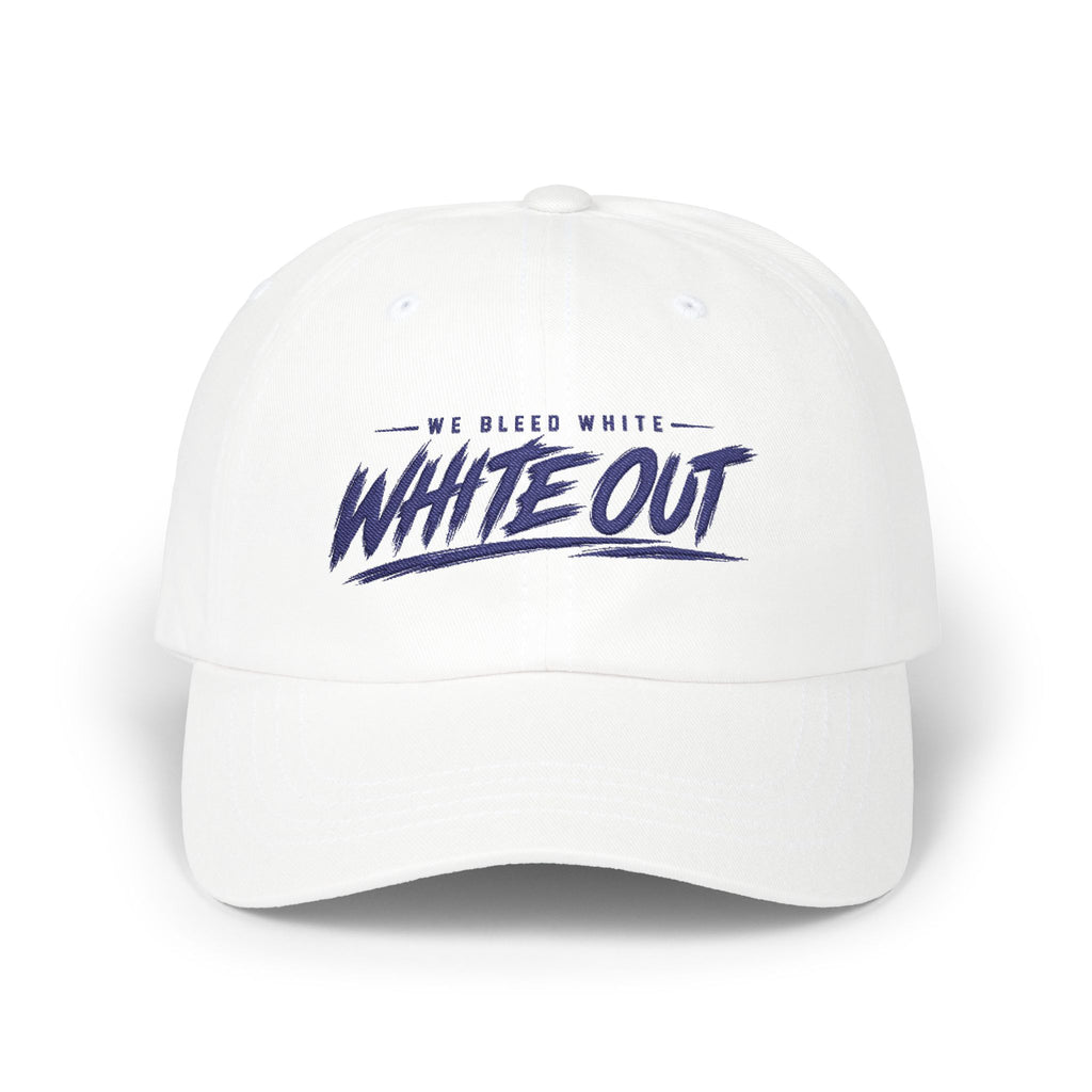 Whiteout Classic Dad Cap – 'We Bleed White' Script Baseball Hat