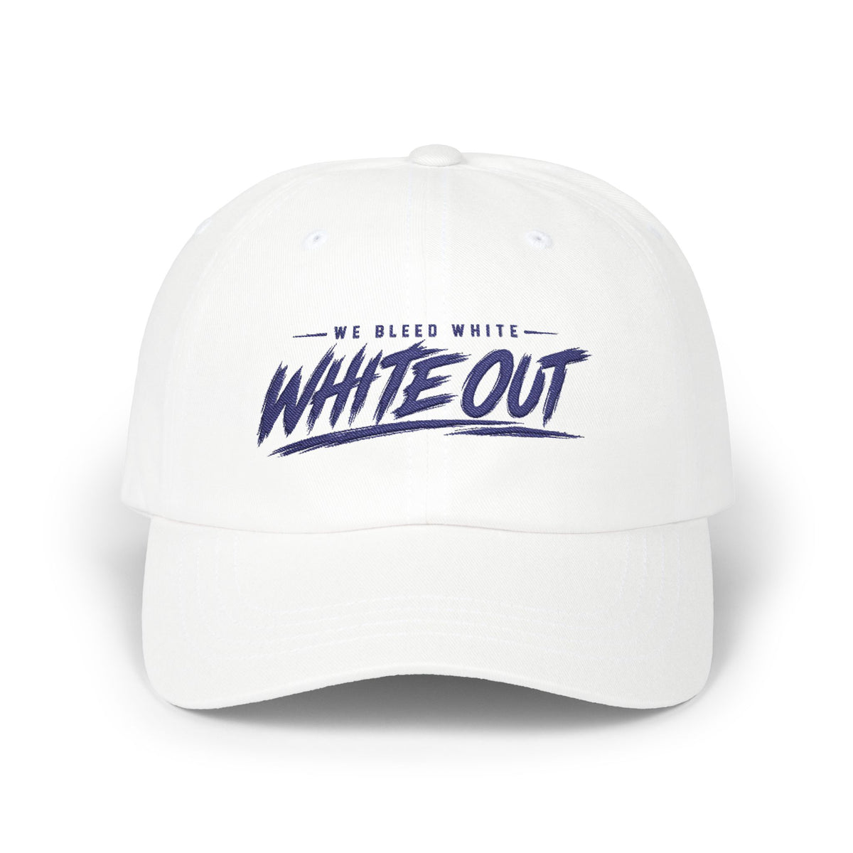 Whiteout Classic Dad Cap – 'We Bleed White' Script Baseball Hat