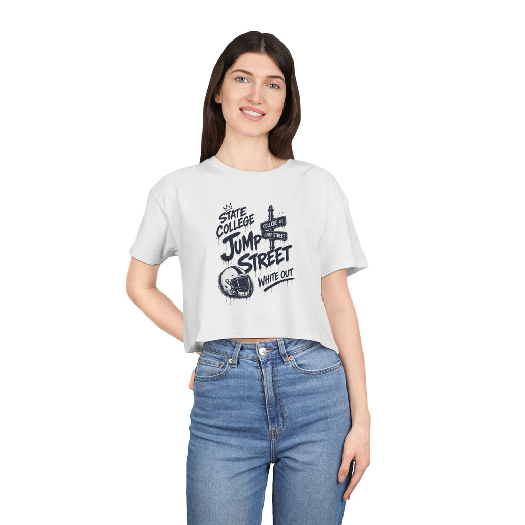 Jump Street Whiteout Crop Tee — College Game Day Whiteout Graphic